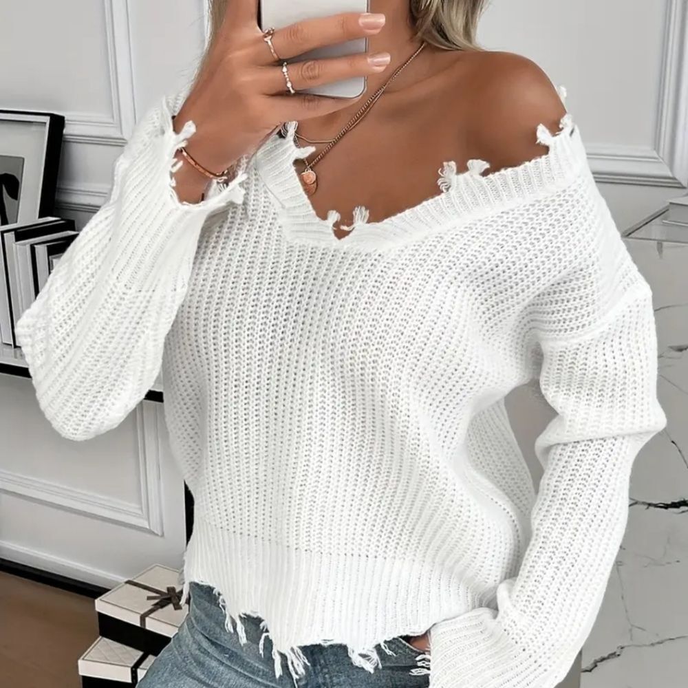 Chic White Distressed V-Neck Sweater - Picture 5 of 6
